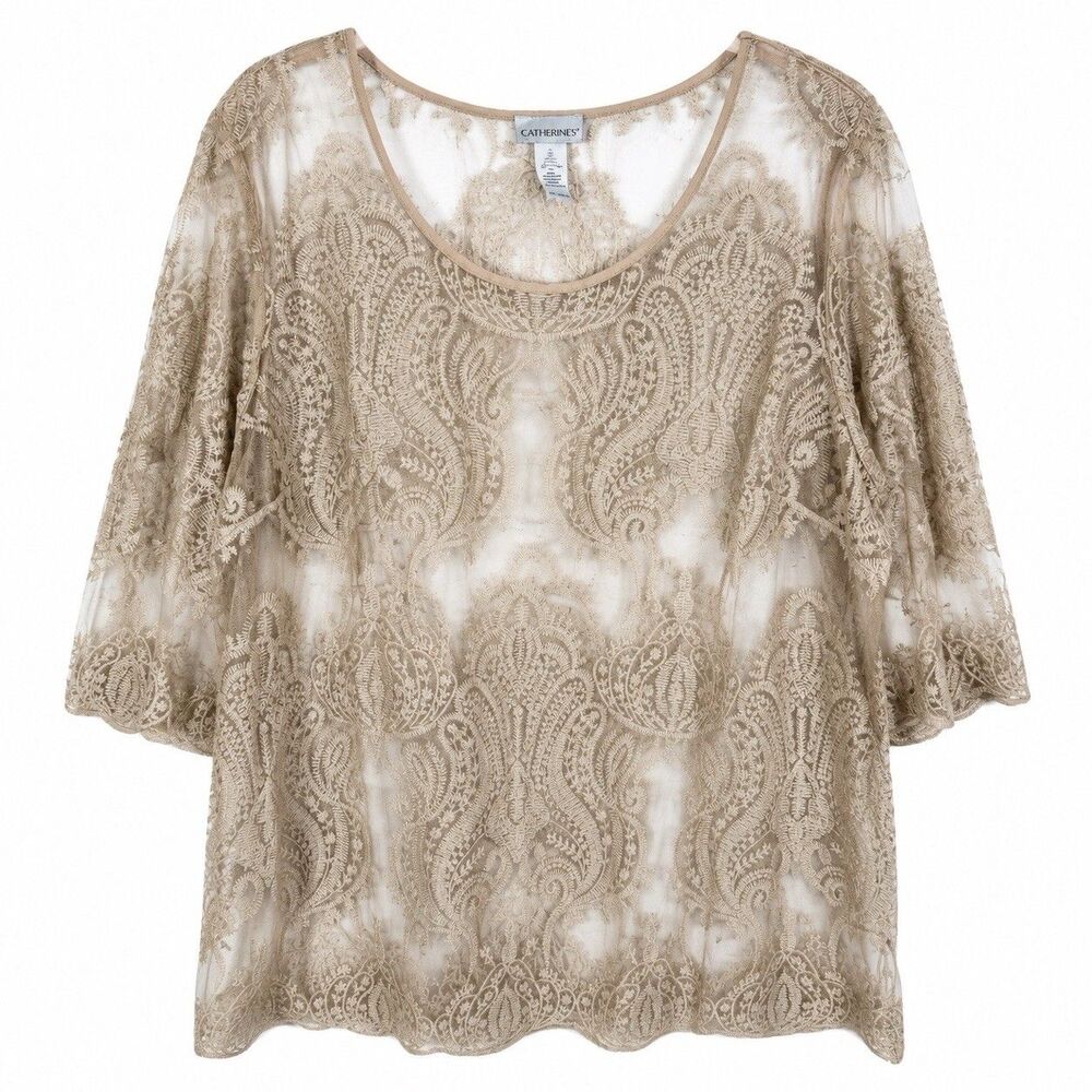 Catherines Womens 1X Beige Embroidered Sheer Mesh Lace Top Boho Plus Size